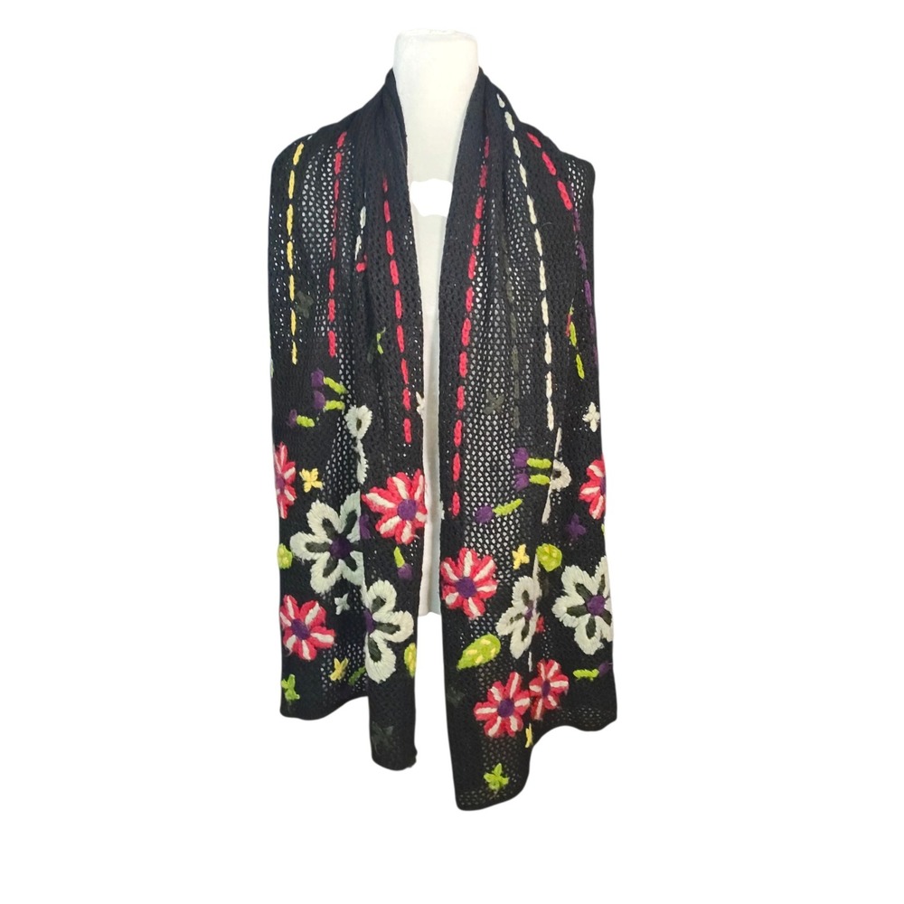 Black Open Knit Scarf Embroidered Midnight Floral Design Boho Cottagecore Artsy